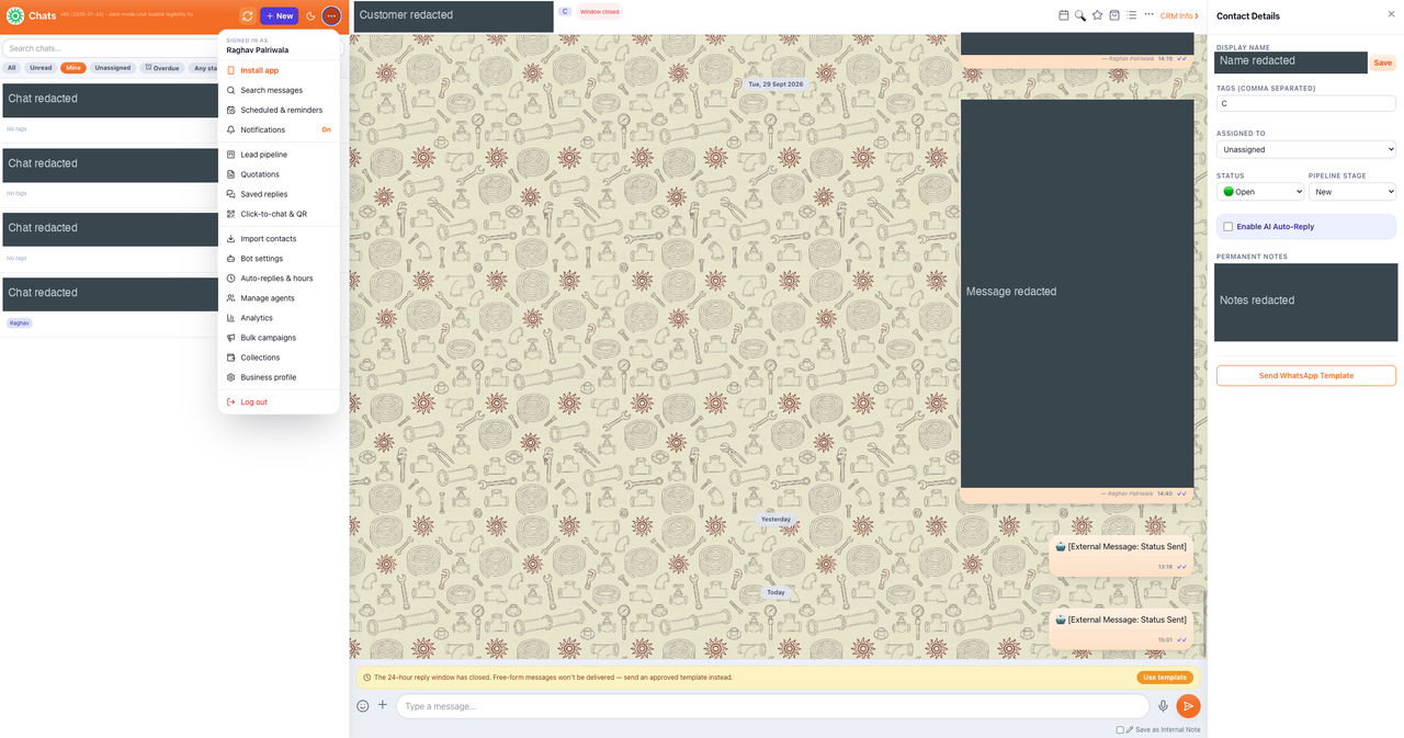 The CRM with a chat open. The chat list, the customer’s name, the message and the contact notes are covered with solid boxes. A menu lists Lead pipeline, Quotations, Saved replies, Click-to-chat and QR, Import contacts, Bot settings, Auto-replies and hours, Manage agents, Analytics, Bulk campaigns, Collections and Business profile.